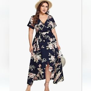 NWOT Plus Size Navy Floral Faux Wrap  Acemetrical Bohemian Dress